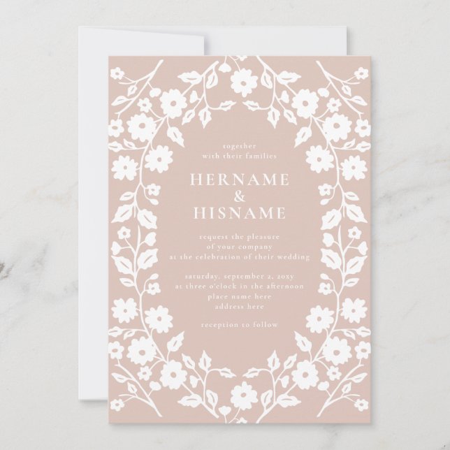 Blush Dusty Pink Simple White Folk Floral Wedding Invitation (Front)