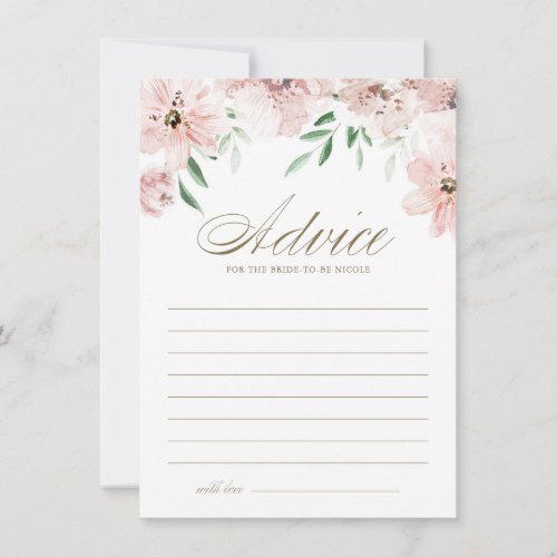 Blush Dusty Pink Watercolor Flowers Bridal Shower Advice Card