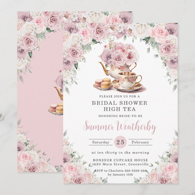 Blush Dusty Pink White Floral Bridal Shower Tea Invitation (Front/Back)