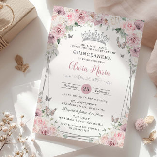 Blush Dusty Pink White Floral Silver Quinceañera Invitation