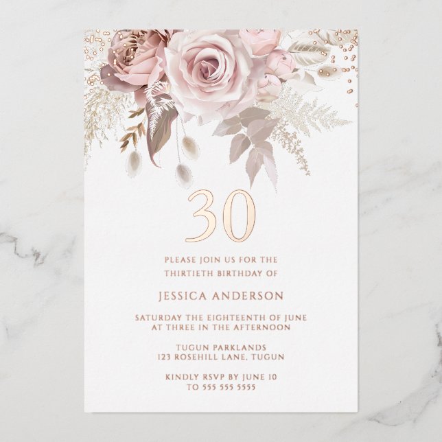 Blush & Dusty Rose 30th Birthday Party Rose Gold Foil Invitation (Front)