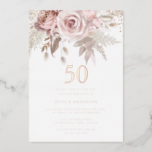 Blush  Dusty Rose 50th Birthday Party Rose Gold Foil Invitation