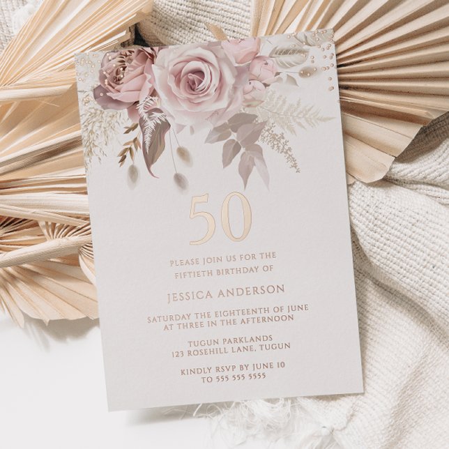 Blush & Dusty Rose 50th Birthday Party Rose Gold Foil Invitation (Creator Uploaded)