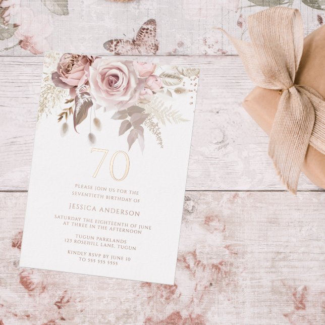 Blush & Dusty Rose 70th Birthday Party Rose Gold Foil Invitation