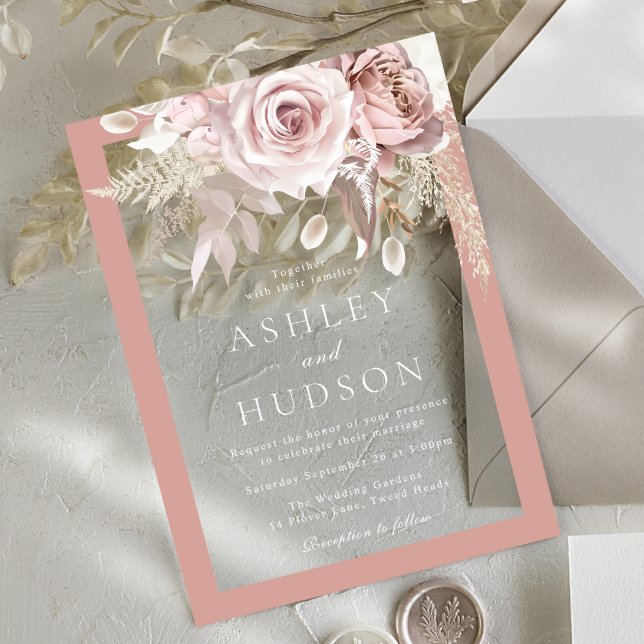 Blush & Dusty Rose Border Floral Wedding  Acrylic Invitations (Creator Uploaded)