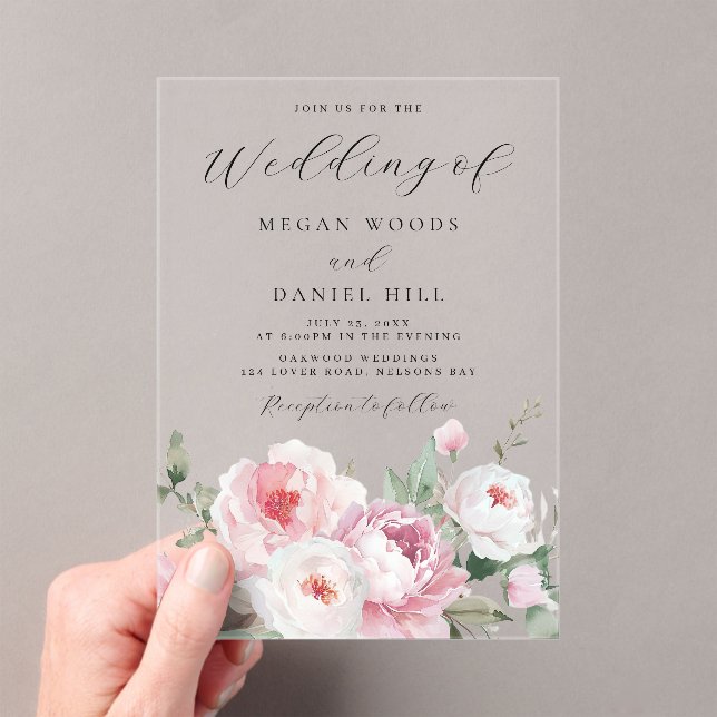 Blush Dusty Rose Botanical Floral Wedding Acrylic Invitations (Insitu (Handheld))