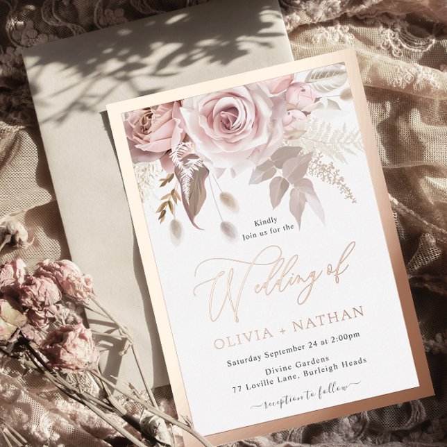 Blush Dusty Rose Elegance Rose Gold Border Wedding Foil Invitation (Creator Uploaded)