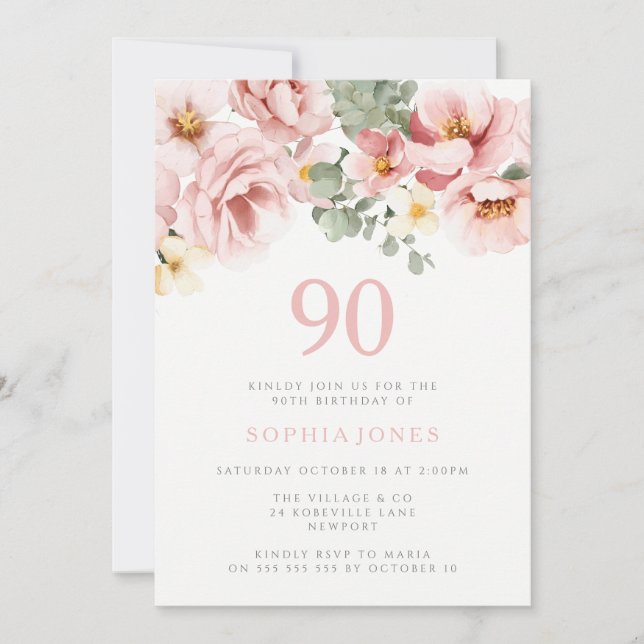 Blush Dusty Rose Floral 90h Birthday Party Invitation (Front)