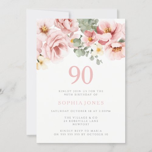 Blush Dusty Rose Floral 90h Birthday Party Invitation