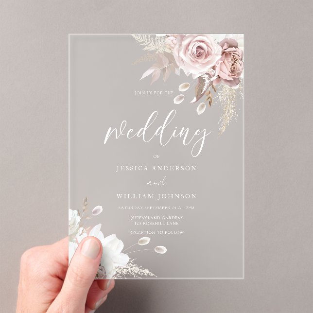 Blush & Dusty Rose Floral Wedding Frosted Acrylic Invitations (Insitu (Handheld))