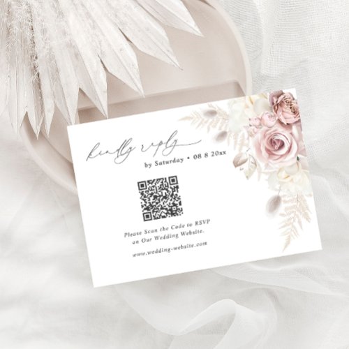 Blush Dusty Rose Floral Wedding QR Code RSVP Enclosure Card