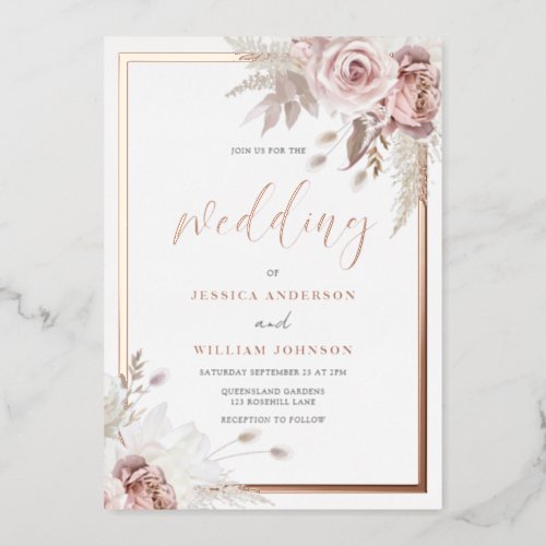 Blush  Dusty Rose Floral Wedding Rose Gold Border Foil Invitation