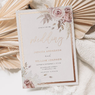 Blush & Dusty Rose Floral Wedding Rose Gold Border Foil Invitation