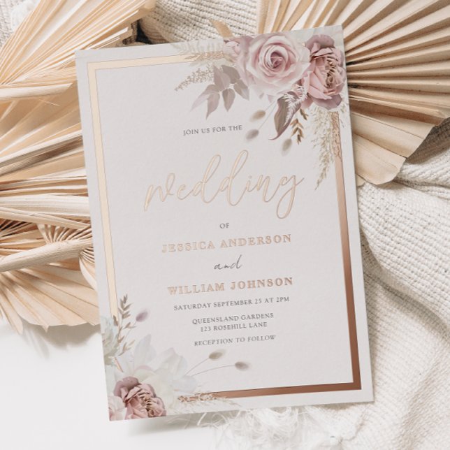 Blush & Dusty Rose Floral Wedding Rose Gold Border Foil Invitation (Creator Uploaded)