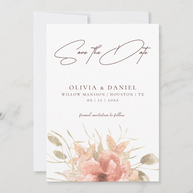 Blush Dusty Rose Floral Wedding Save The Date (Front)