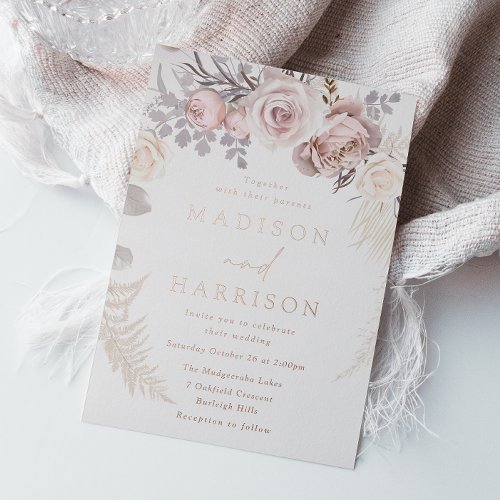 Blush  Dusty Rose Gold Floral Wreath Wedding Foil Invitation