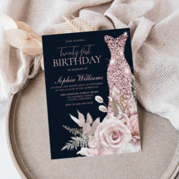 Blush Dusty Rose Gold Gown 21st Birthday Party Invitation by Nicheandnest at Zazzle