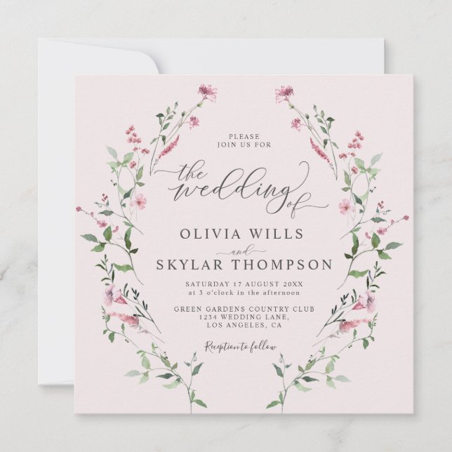 Blush Dusty Rose Wildflowers Garden Pink Wedding Invitation (Front)