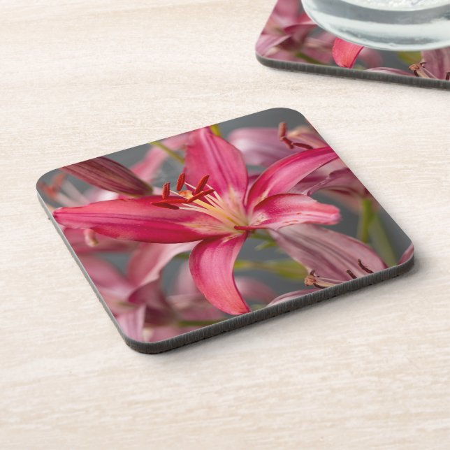 Blush Elegance: Pink Asiatic Lily, Flower Photo Beverage Coaster (Left Side)