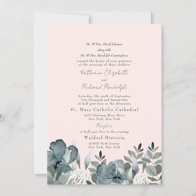 Blush Elegant Dusty Blue Floral Wedding Invitation (Front)