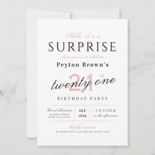 Blush elegant modern classy surprise 21st birthday invitation