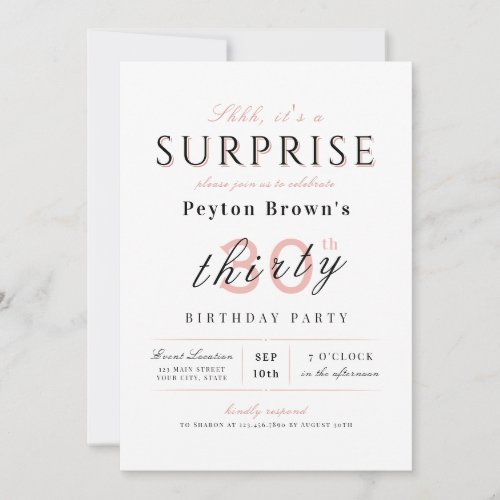 Blush elegant modern classy surprise 30th birthday invitation