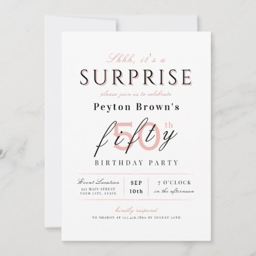 Blush elegant modern classy surprise 50th birthday invitation