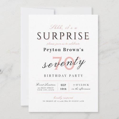 Blush elegant modern classy surprise 70th birthday invitation
