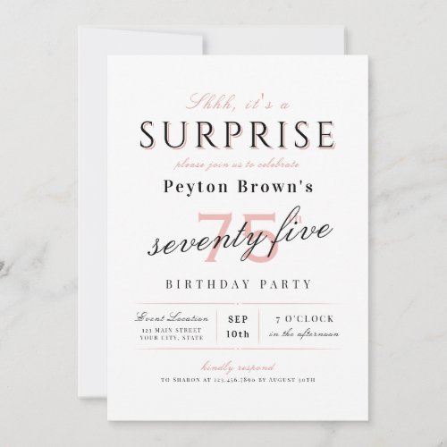 Blush elegant modern classy surprise 75th birthday invitation