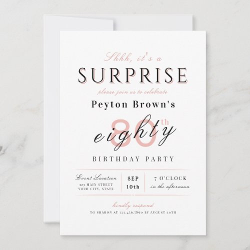 Blush elegant modern classy surprise 80th birthday invitation