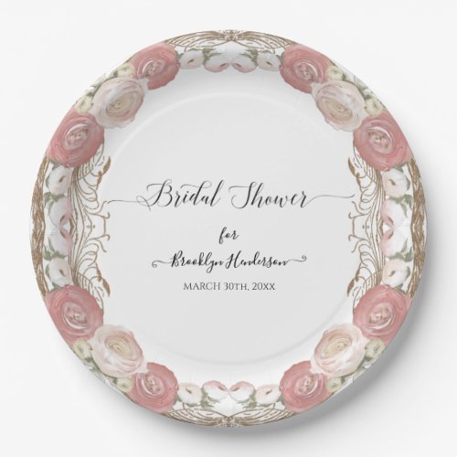 Blush Elegant Rose Gold Vintage White Flora Bridal Paper Plates