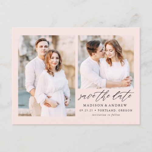 Blush  Elegant Script 2 Photo Save the Date Announcement Postcard