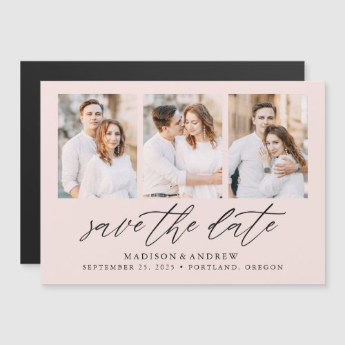 Blush Elegant Script 3 Photo Collage Save the Date Magnetic Invitation