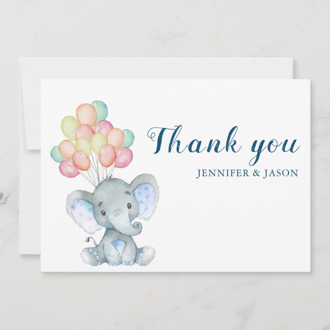 Blush Elephant  Boy Baby Shower Thank You Card (Front)