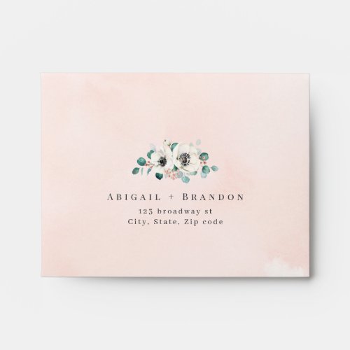 Blush eucalyptus anemone floral wedding RSVP Envelope