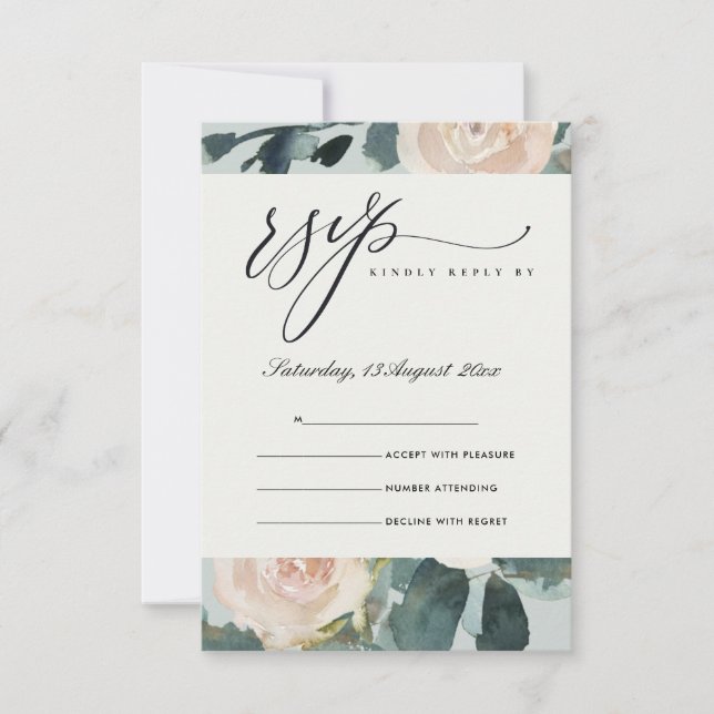 BLUSH EUCALYPTUS ROSE KRAFT GREY WEDDING RSVP CARD (Front)