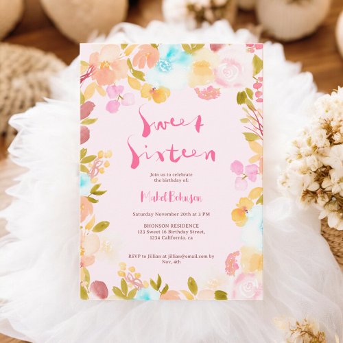 Blush fall boho floral watercolor script Sweet 16  Invitation