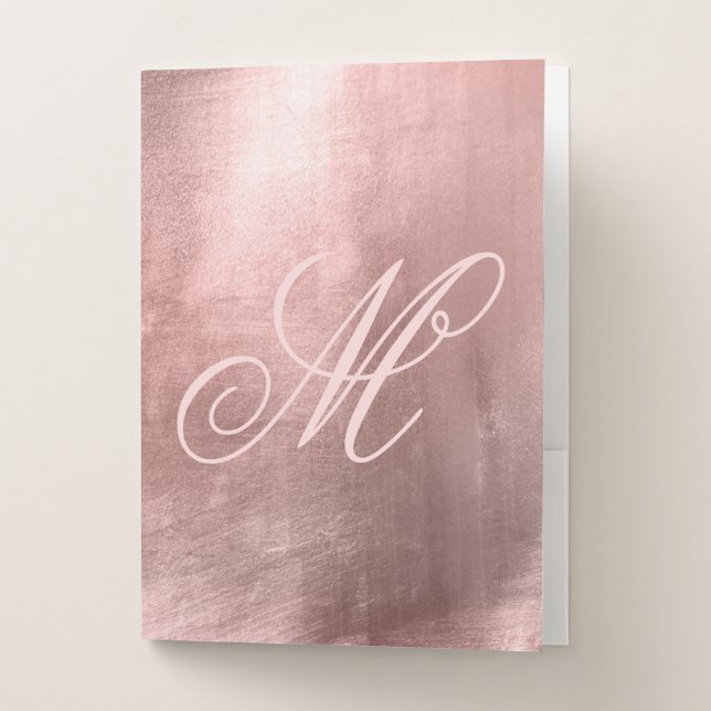 Blush Fancy Monogram Shiny Faux Rose Gold Foil Pocket Folder (Front)