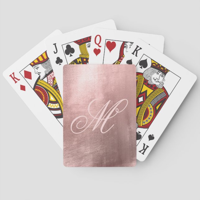 Blush Fancy Monogram Shiny Faux Rose Gold Foil Poker Cards (Back)