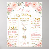 Blush Floral 1st Birthday Milestone Birth Stats  P Poster