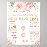 Blush Floral 1st Birthday Milestone Birth Stats Po Poster