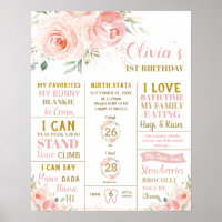 Blush Floral 1st Birthday Milestone Birth Stats  Poster