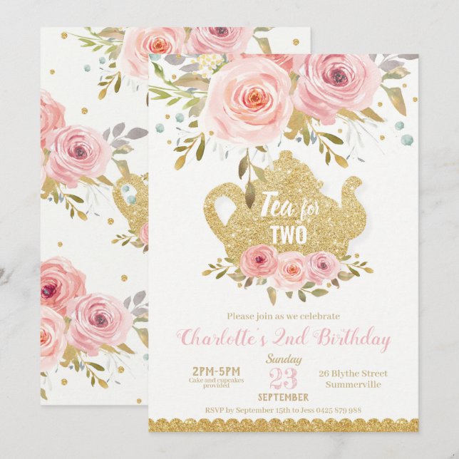 Blush Floral 2nd Birthday High Tea for Two Party Invitation (Front/Back)