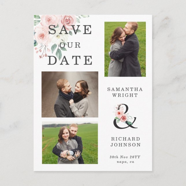 Blush Floral 3 Photo Wedding Save the Date  Invitation Postcard (Front)