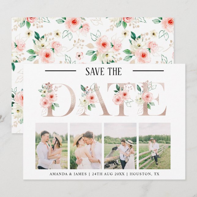 Blush Floral 4 Photo Wedding Save the Date Card (Front/Back)