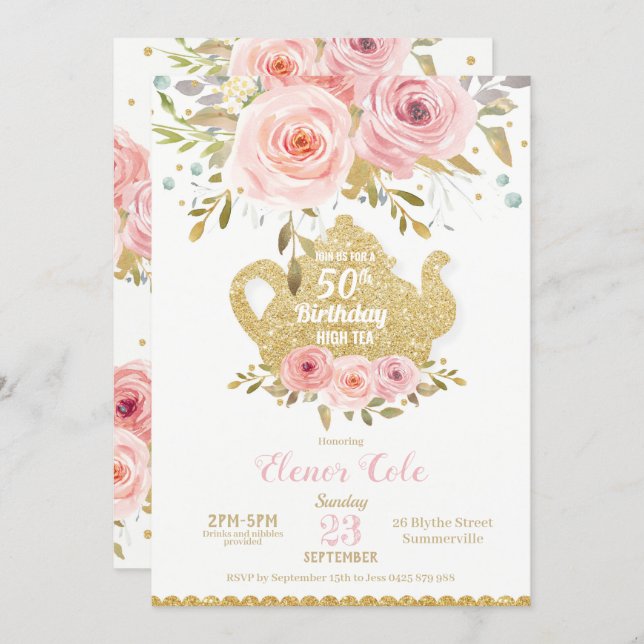 Blush Floral 50th Birthday High Tea Party ANY AGE Invitation (Front/Back)