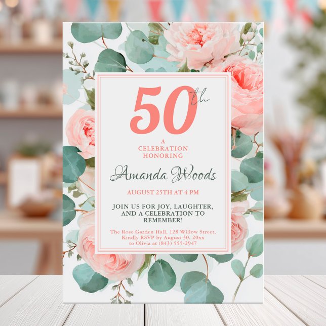 Blush floral 50th birthday with roses and greenery invitation (Creator Uploaded)