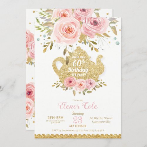 Blush Floral 60th Birthday Tea Party High Tea Invitation