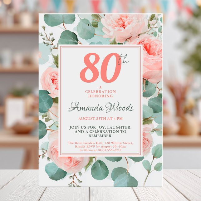 Blush floral 80th birthday celebration invitation (Creator Uploaded)