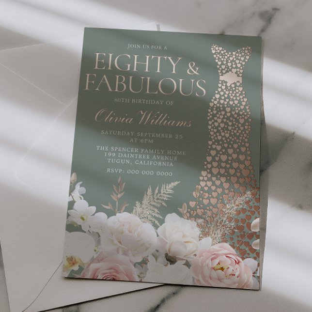  Blush Floral 80th Birthday Rose Gold Gown Foil Invitation (Creator Uploaded)